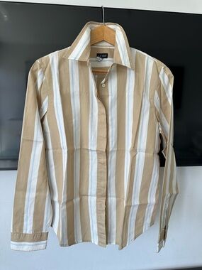 Armani Jeans Men's Vertical Stripe Dress Shirt - Tan, White, Light Blue